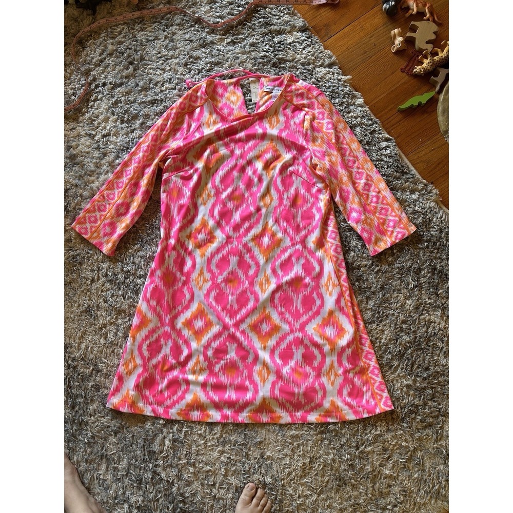 Gretchen Scott Jersey Dress Ikat Print Pink Orange White Pockets L - Picture 5 of 8